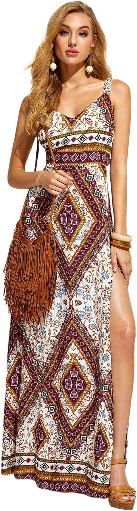 Women'S Sleeveless V-Neck Split Cutout Tie Back Tribal Print Maxi Dress Small Multicolored
